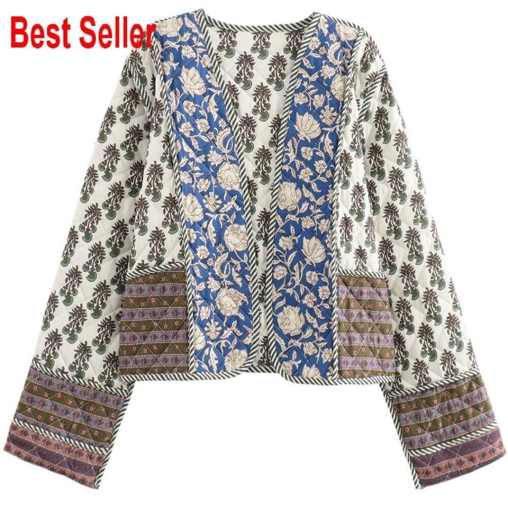 Cropped Puffer Quilted Jacket Cardigan Floral Printed Lightweight Open Front